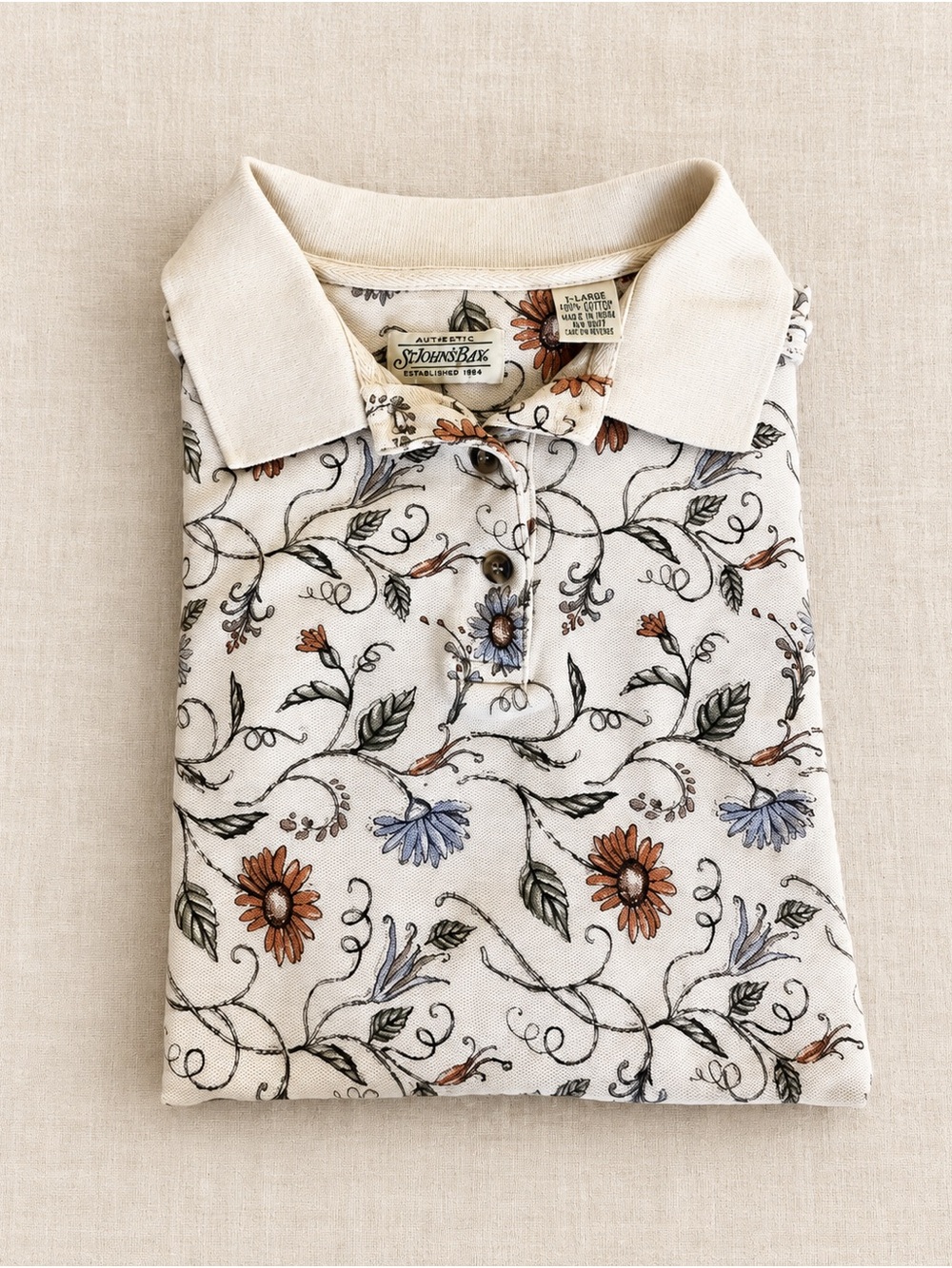 St. John's Bay Cream Polo with Blue & Brown Floral Print